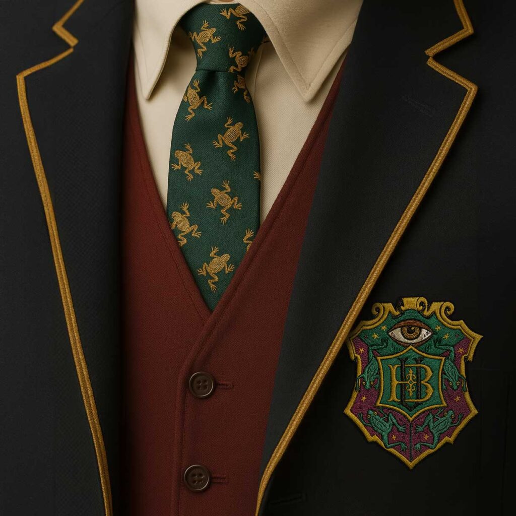 School tie and crest detail